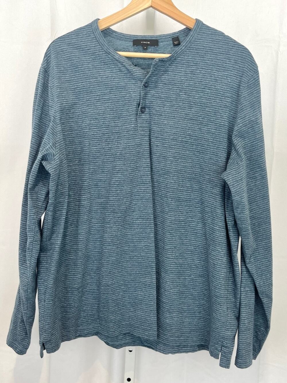 VINCE Striped Henley Long Sleeve Shirt Cotton Knit Blue Size XL